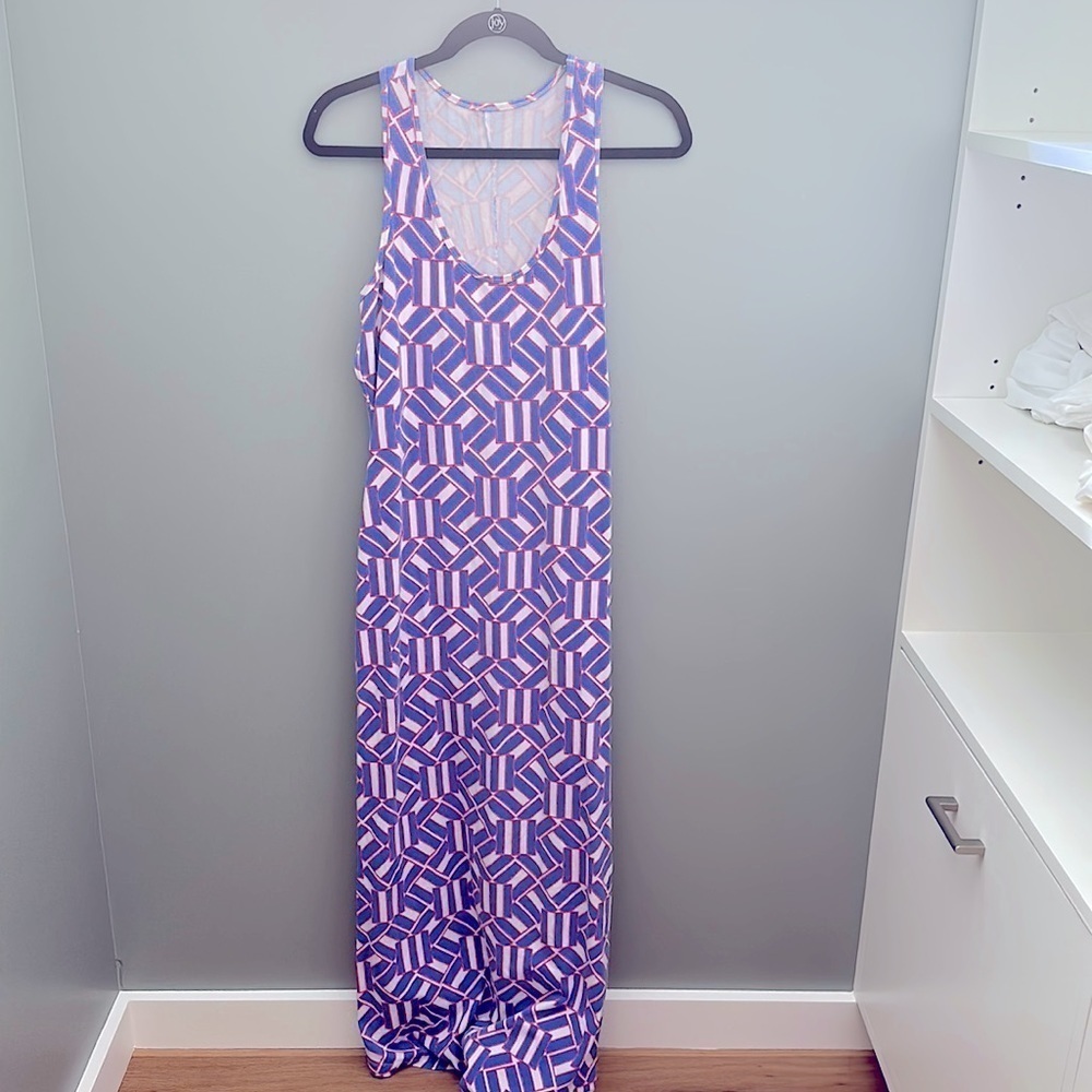 MAHI GOLD Womens Summer Maxi Dress Scoop Neck Sleeveless Geometric Pink Blue M